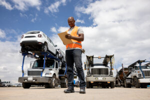 A auto carrier driver in front of several open carrier trucks.